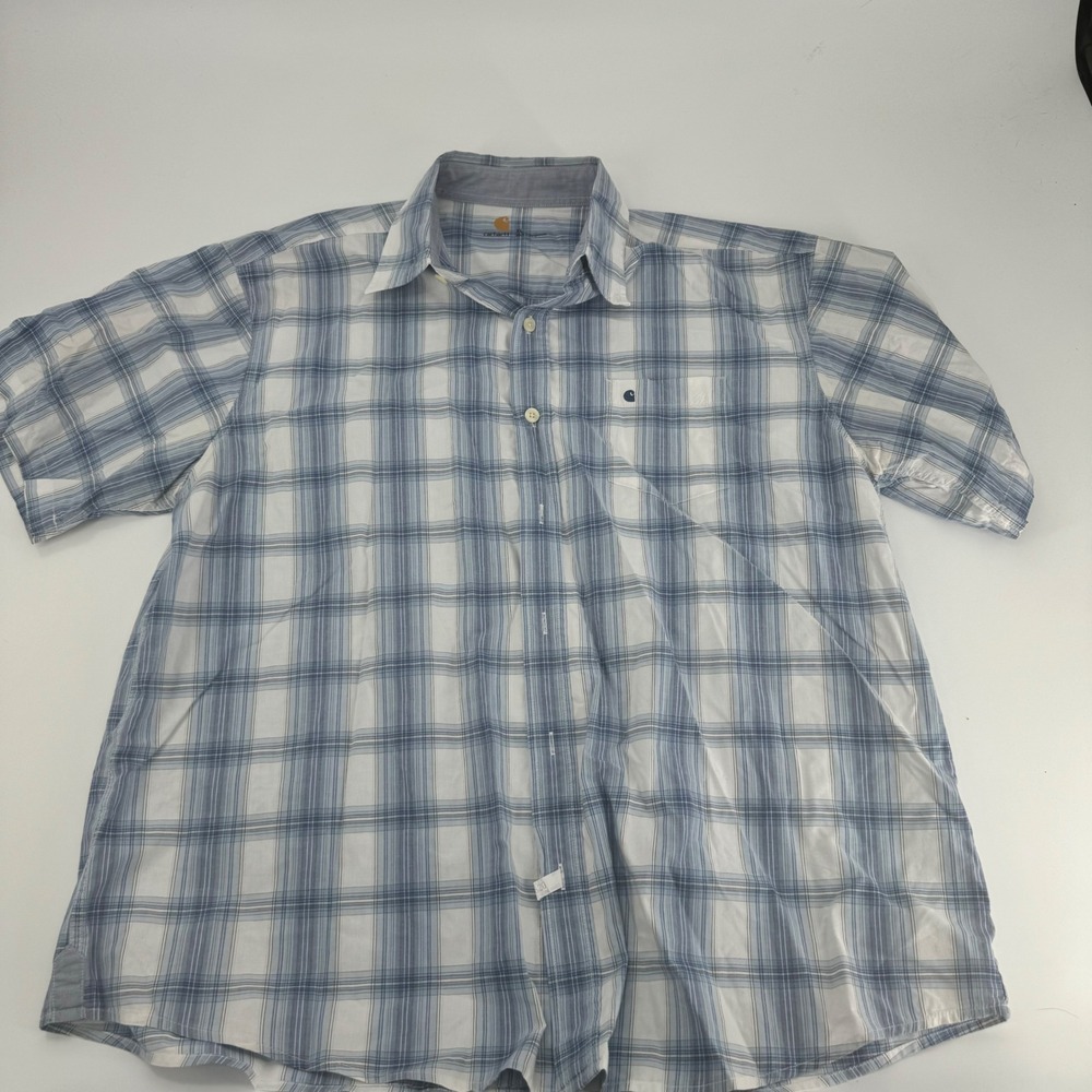 Carhartt Mens XL Button Up Short Sleeve Blue Plaid Work Casual Shirt - Picture 1 of 2